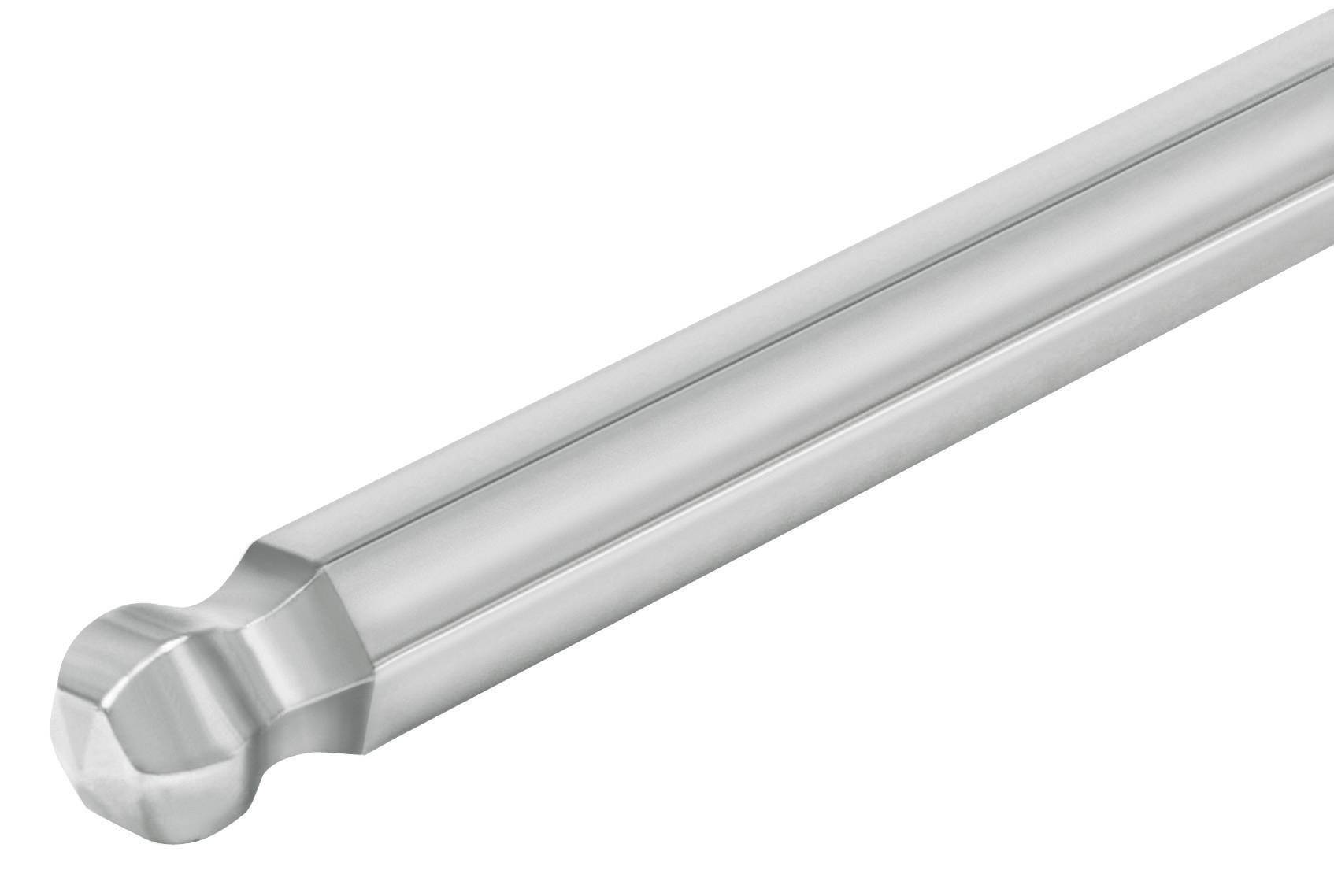 Une tige métallique argentée, cylindrique, avec une extrémité arrondie, sur un fond blanc.