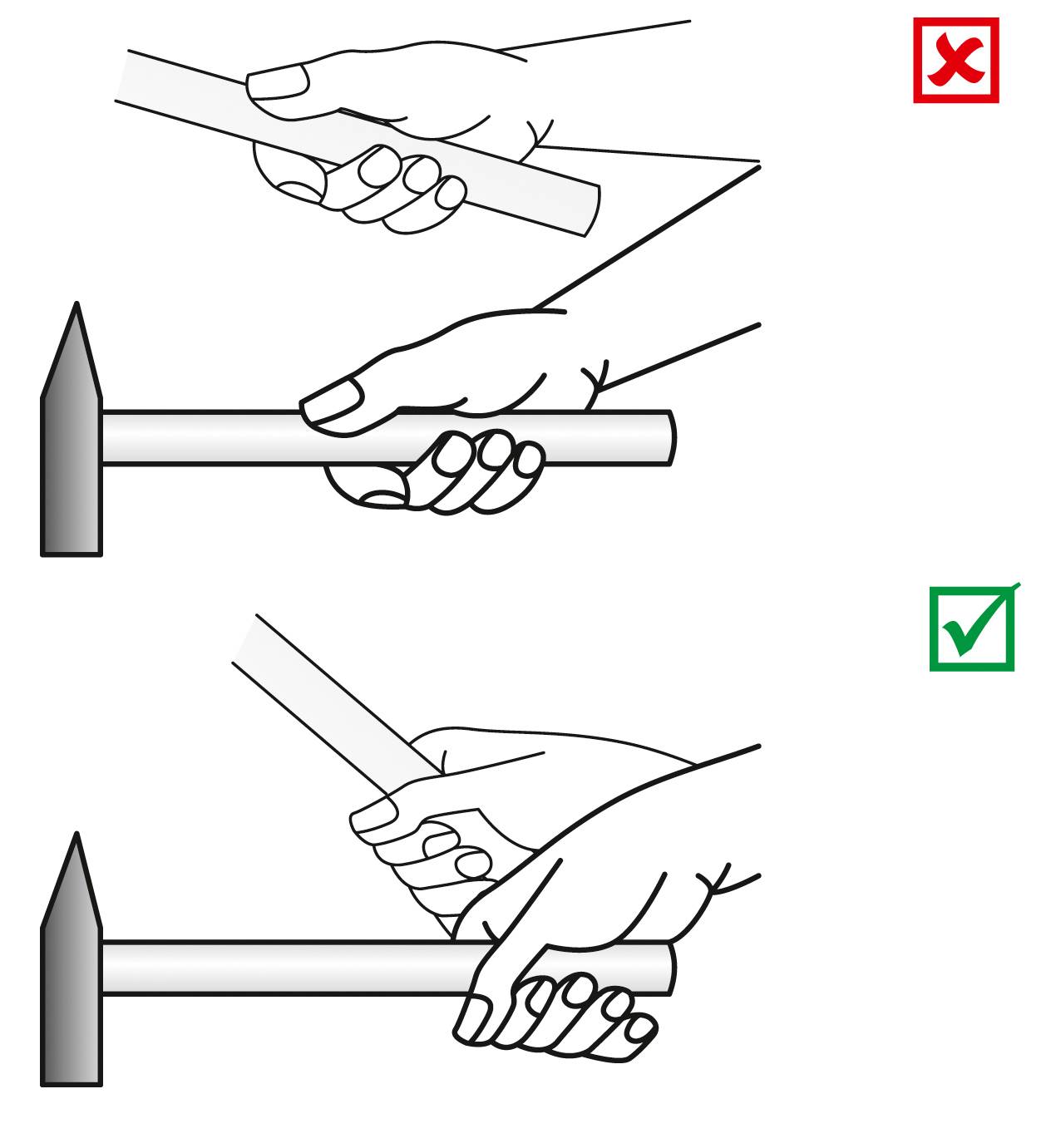 'L'illustration montre la bonne et la mauvaise façon de tenir un marteau. La mauvaise position est marquée par un X, la bonne par une coche.'
