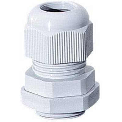 Un presse-étoupe blanc à partie supérieure striée et écrou hexagonal, utilisé pour l'étanchéité et la fixation des câbles dans les boîtiers.