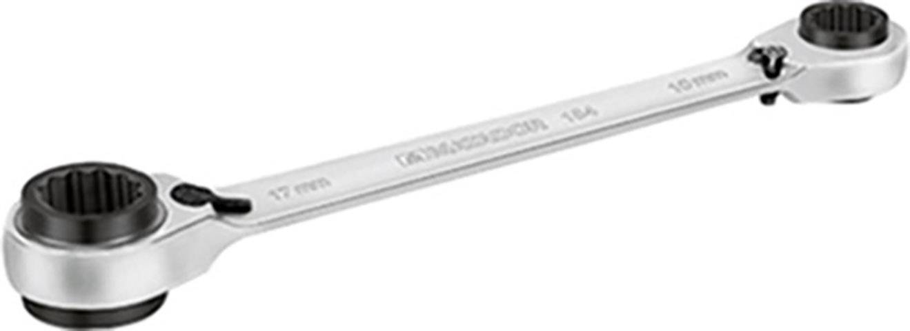 Une clé à molette double en argent avec mécanisme à cliquet et quatre tailles de douilles différentes, dont 10 mm et 12 mm.