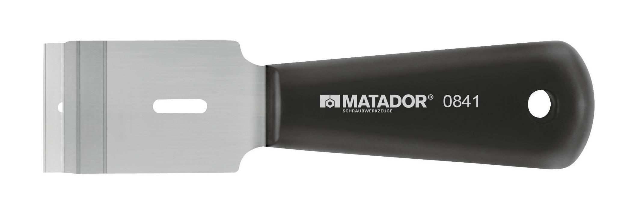 Grattoir avec manche noir et lame en métal, adapté pour enlever la peinture ou les salissures. Nom de marque 'Matador 0841' sur le manche.