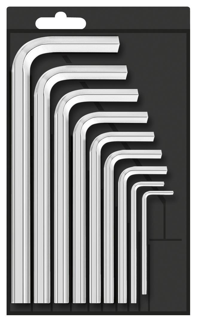 Un ensemble de neuf clés Allen en argent de différentes tailles, alignées sur un support noir.