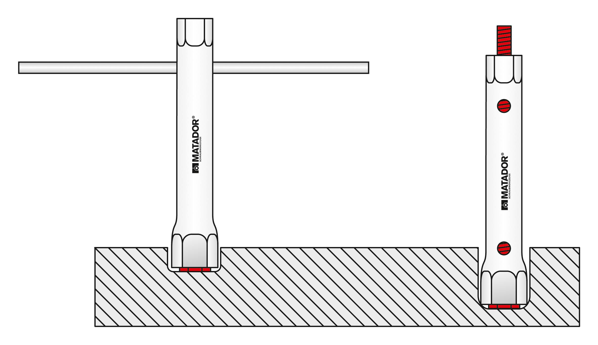 Deux outils de Matador pour le montage de pneus de voiture : à gauche avec levier, à droite sans. Tous deux sont placés sur une surface striée.