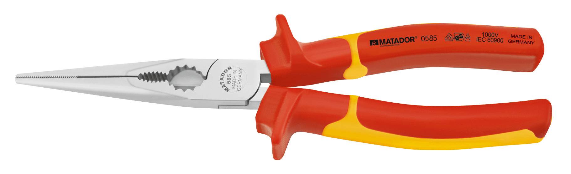 Une pince isolante rouge avec des poignées jaunes, fabriquée en Allemagne, adaptée aux travaux jusqu'à 1000V.