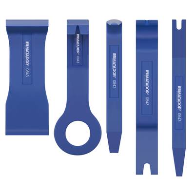 Ensemble d'outils de levier en plastique bleu à cinq pièces ; utilisé pour les travaux automobiles ou d'assemblage. Chaque outil a une forme différente pour des applications spécifiques.