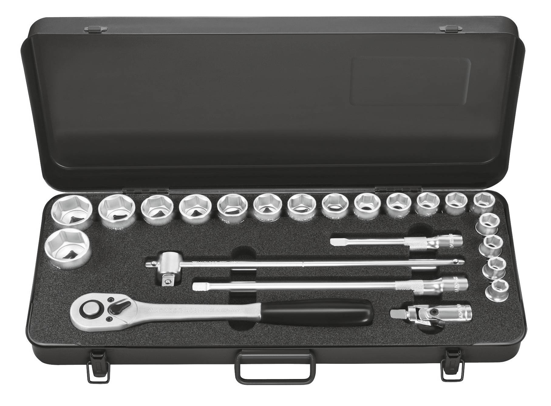 Matador Schraubwerkzeuge 41149230 6 pans extérieurs Jeu de clés à douille 10 mm, 11 mm, 12 mm, 13 mm, 14 mm, 15 mm, 16 mm, 17 mm, 18 mm, 19 mm, 20 mm, 21 mm, 22 mm, 23 mm, 24 mm, 27 mm, 30 mm, 32 mm 1/2" (12.5 mm)