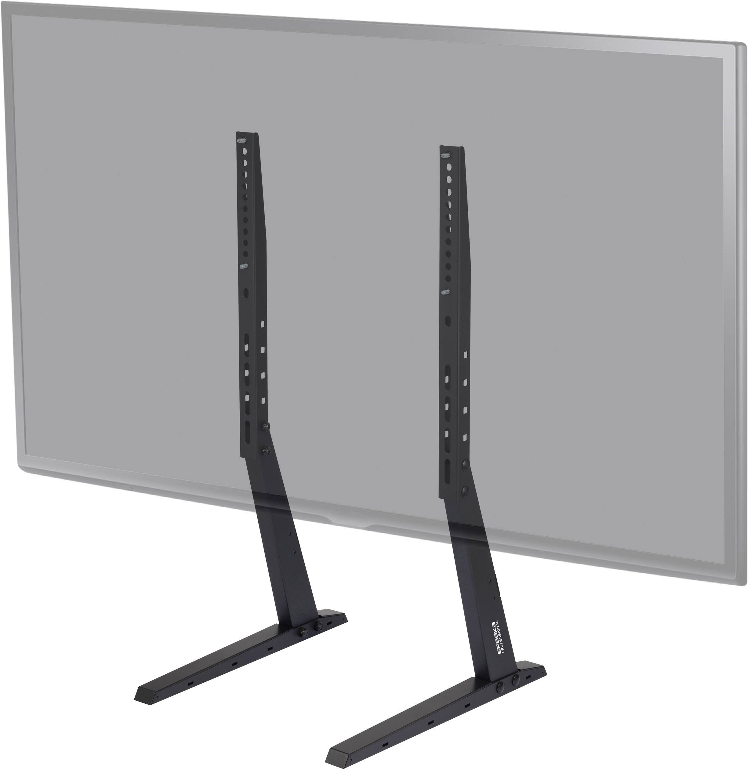 Un support TV en métal, autoportant avec des pieds en V en acier noir. Le support dispose de trous permettant un réglage en hauteur.