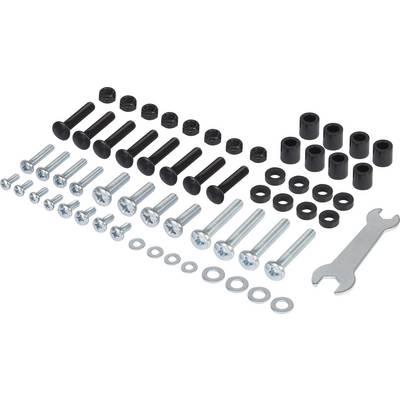 Un ensemble de différentes vis, rondelles, écrous et une clé à molette, disposés sur un fond blanc.
