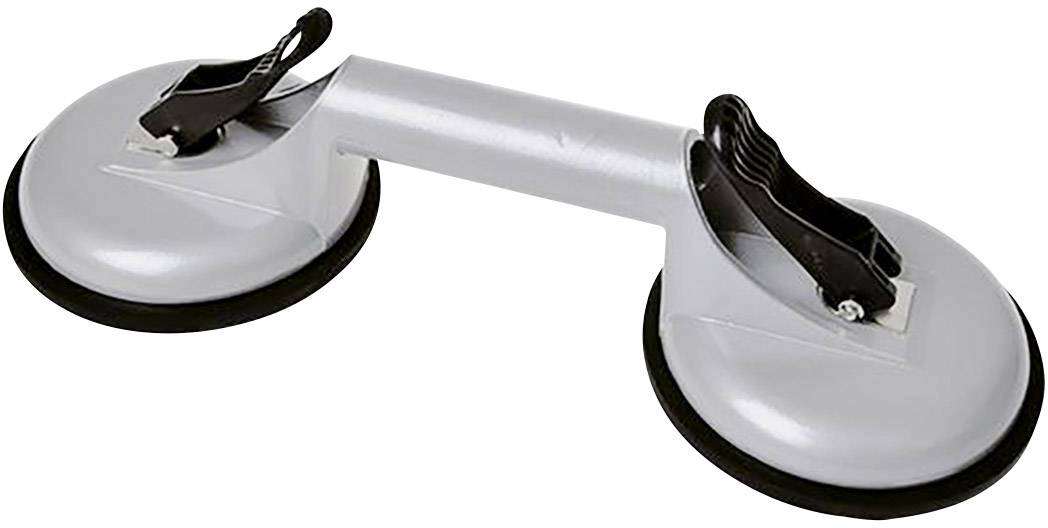 Ventouse double à double aspiration en argent avec leviers noirs pour la fixation sur des surfaces lisses. Adapté au transport d'objets lourds.