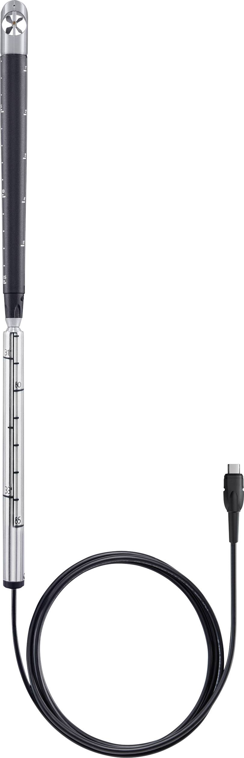 Un câble USB noir avec un capteur métallique fin à son extrémité, utilisé pour des mesures électroniques.