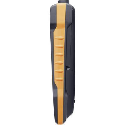 Appareil noir avec une bande orange sur la poignée du côté droit, montrant une vue de profil d'un outil électronique portable.