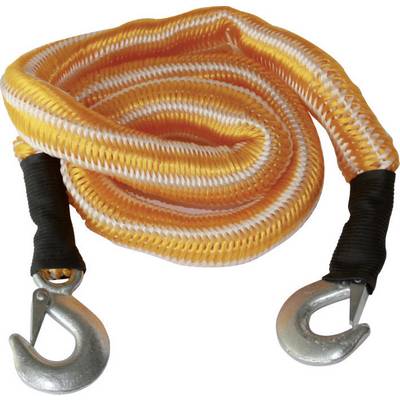 Câble de remorquage en matériau tressé orange, équipé de deux crochets métalliques à chaque extrémité, prêt à l'emploi.