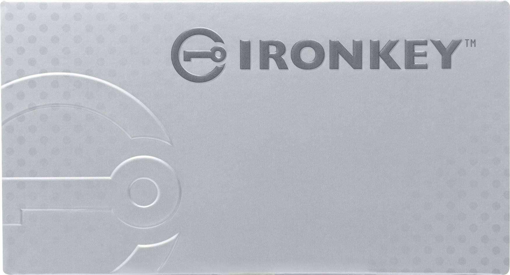 Emballage gris avec le logo et le lettrage 'IRONKEY' en haut à droite. Des motifs circulaires sont imprimés sur la gauche.