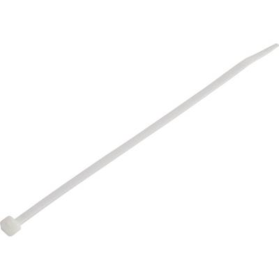 Un collier de serrage blanc, long et étroit, est posé sur une surface de fond blanche.