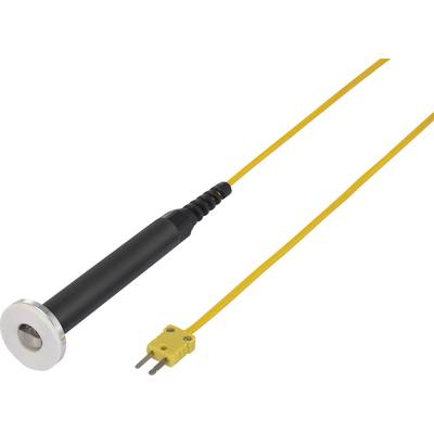 Capteur de température noir avec câble jaune et tête métallique, adapté aux applications industrielles.