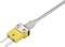 Un connecteur de thermocouple jaune avec deux broches métalliques, relié à une longue et fine tige métallique pour les mesures de température.
