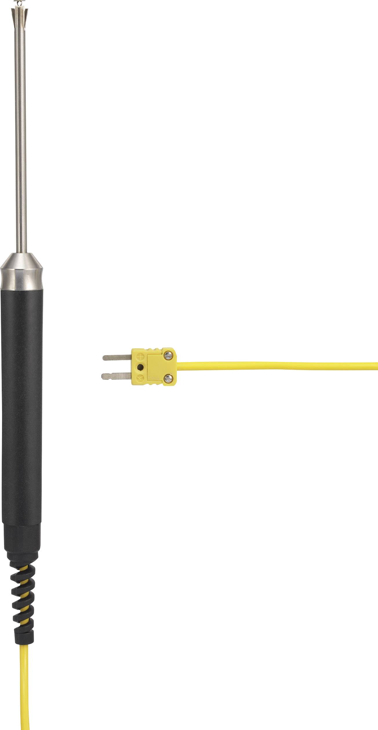 Un câble de sonde de température jaune avec une poignée noire et un capteur métallique à l'extrémité. Adapté pour des mesures de température précises.
