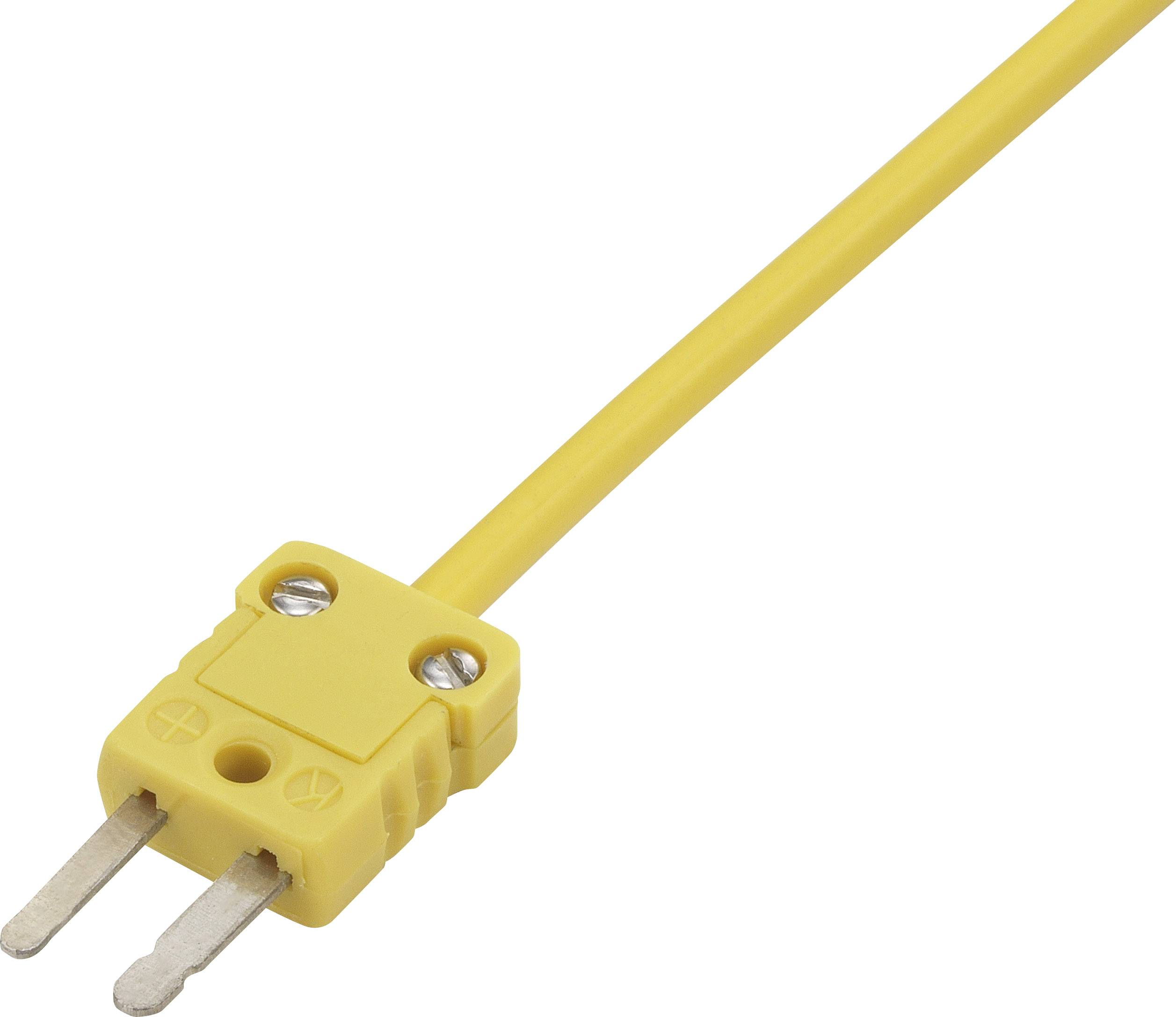 Un connecteur thermocouple jaune avec deux broches plates en métal et un câble intégré.