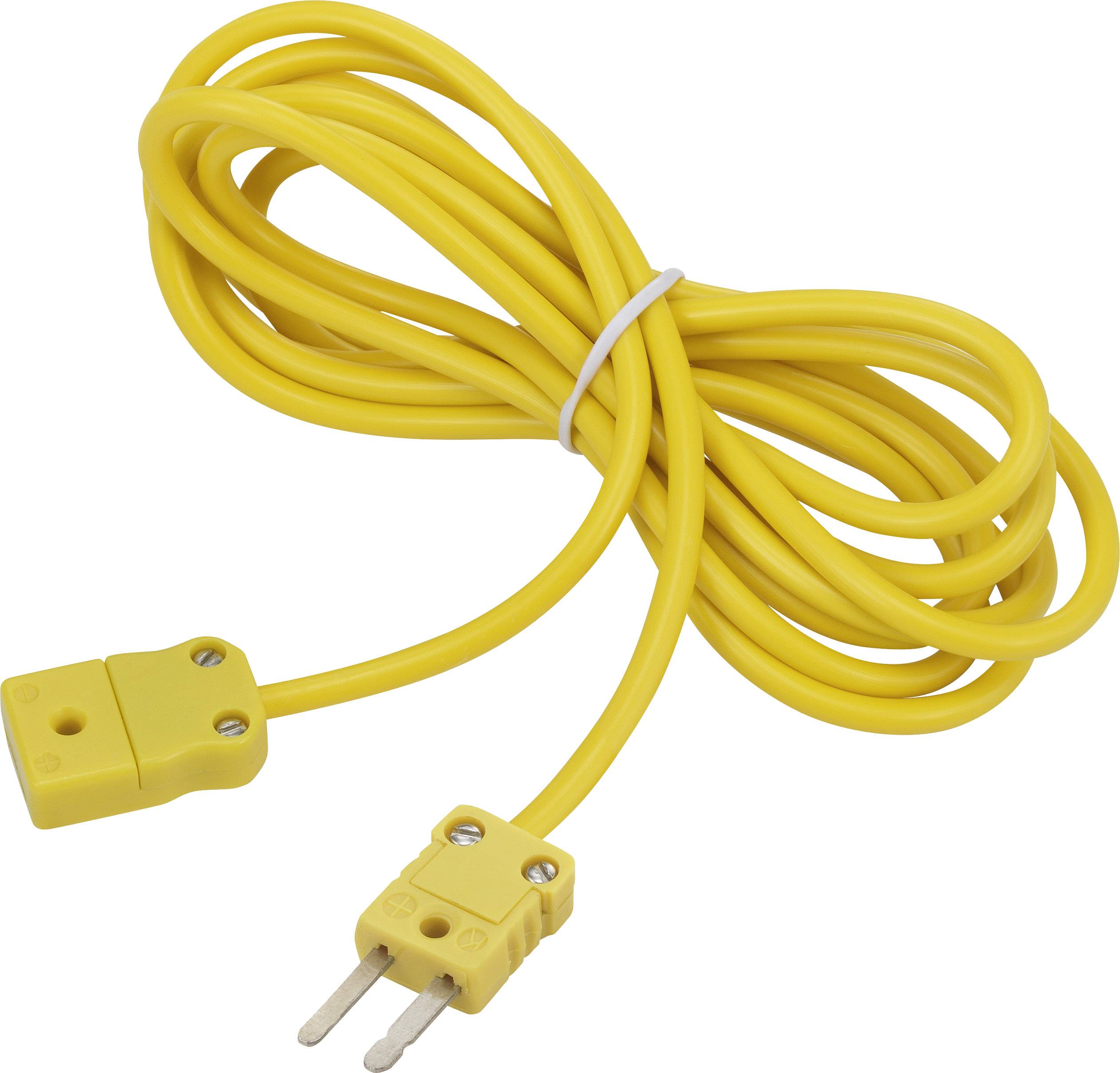 Élément thermocouple jaune avec deux pointes métalliques et une fiche rectangulaire, enroulé. Utilisé pour mesurer la température.