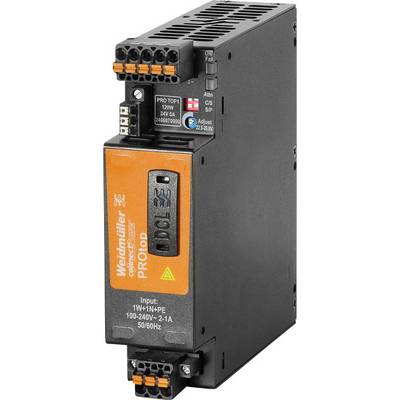Unité d'alimentation électrique avec étiquette orange 'Weidmüller PROtop', 120W, adaptée pour 100-240V, avec connexions.
