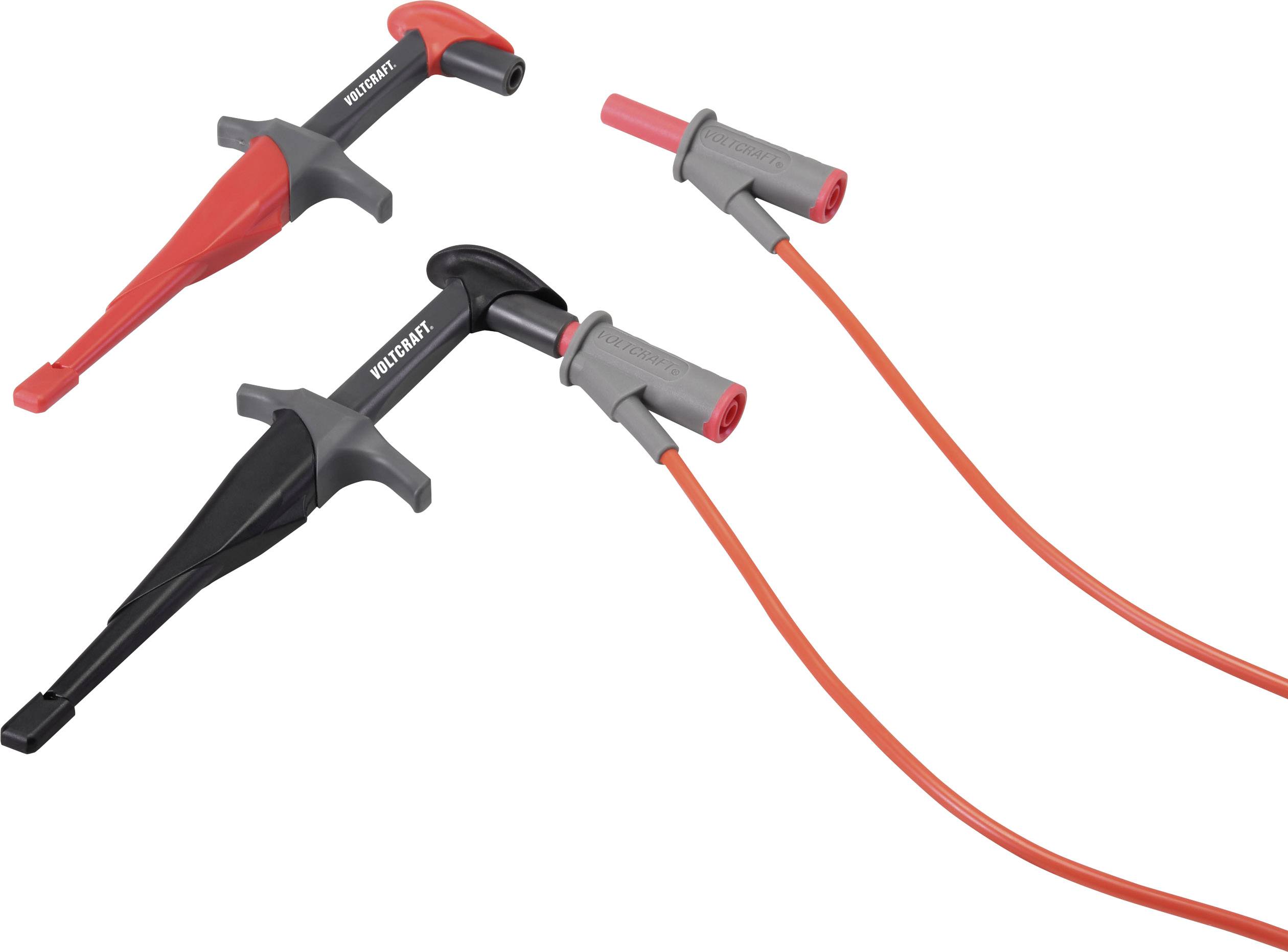 Deux pinces de test avec des poignées rouges et noires, reliées par des câbles isolés. Adaptées pour les applications de test électrique.