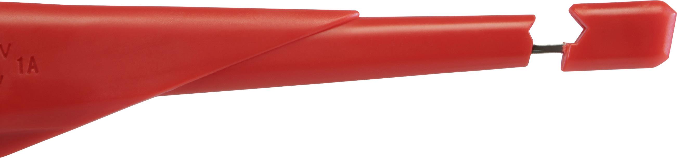 Une pince crocodile rouge, partiellement ouverte, sur un fond blanc. Principalement utilisée pour des tests ou des mesures électriques.