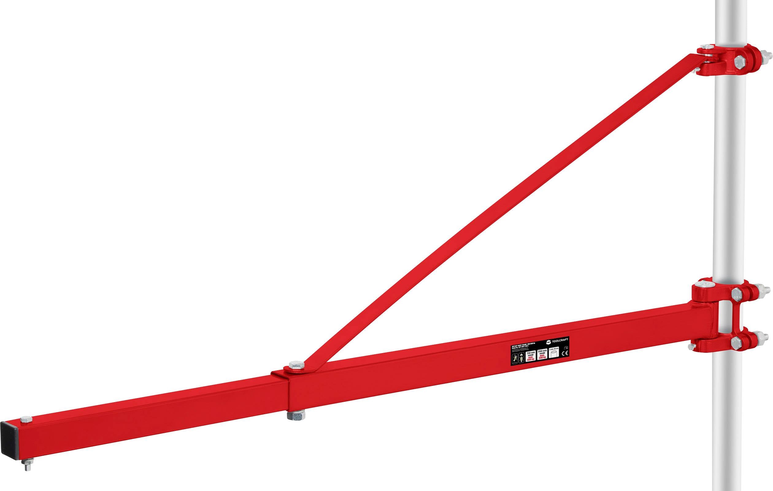 Bras support rouge fixé à un tube vertical, avec un embout noir et une étiquette portant les informations du fabricant.