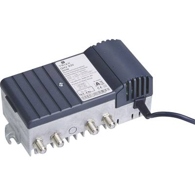 Un appareil électronique gris avec des connexions câblées et plusieurs ports, probablement un amplificateur ou un répartiteur dans le domaine technique.