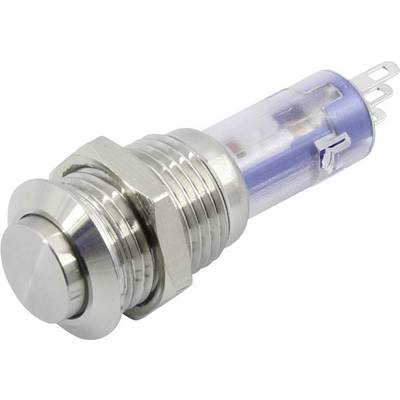 Un bouton-poussoir métallique avec un boîtier en plastique transparent et des broches de connexion électrique.