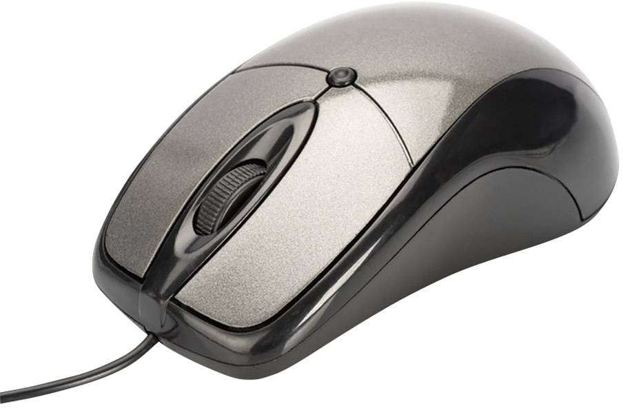 Une souris d'ordinateur noire, filaire, avec une molette de défilement au centre, posée sur une surface blanche.