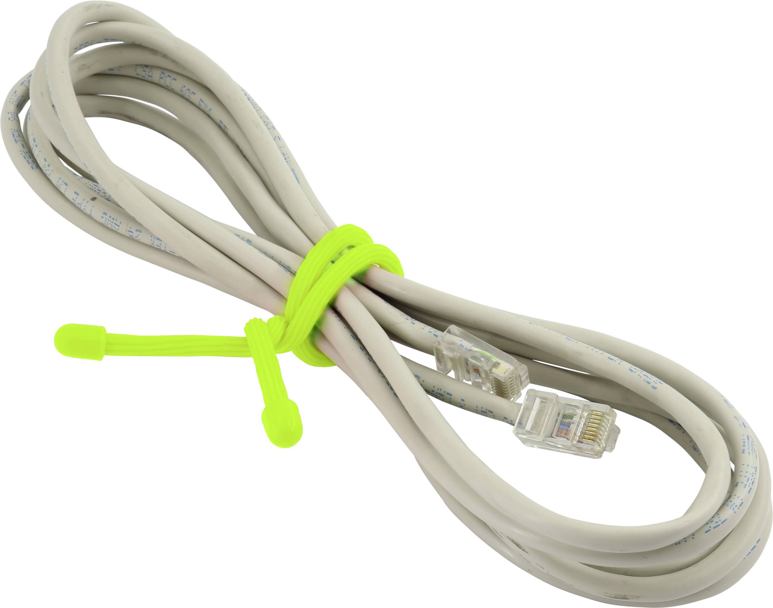 Un câble Ethernet enroulé avec une fiche RJ45, maintenu par un serre-câble vert clair.