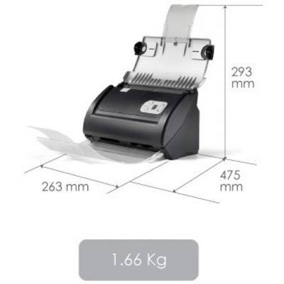 Un scanner de documents avec alimentation papier, dimensions : 293 mm de hauteur, 263 mm de largeur, 475 mm de profondeur, poids 1,66 kg.