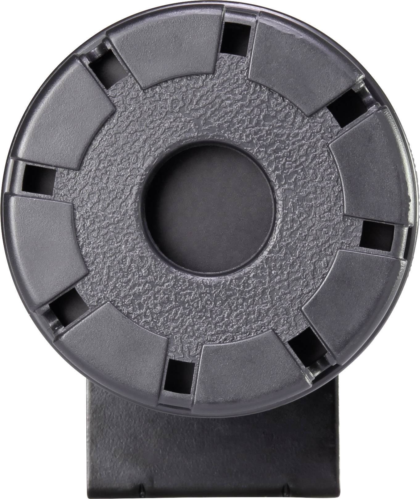 Rouleau noir en plastique avec un trou central, entouré de plusieurs découpes réparties uniformément.