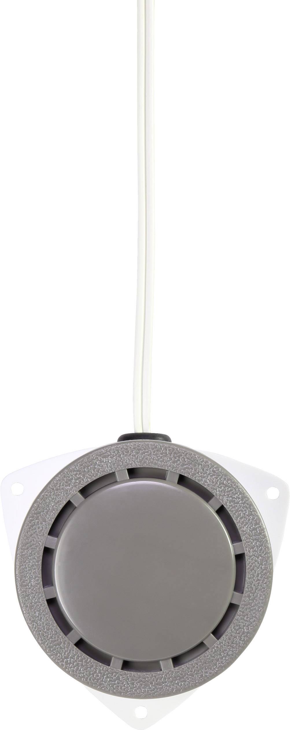 Un bouton d'alarme rond et gris sur un cordon blanc, monté sur un support triangulaire blanc.