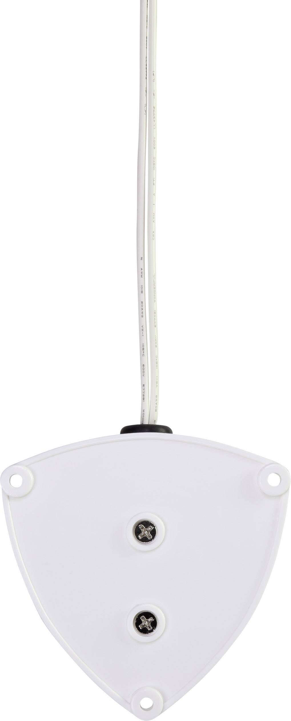 Couverture blanche triangulaire à quatre coins, avec deux vis visibles et un câble fixé en haut, sur un fond blanc.