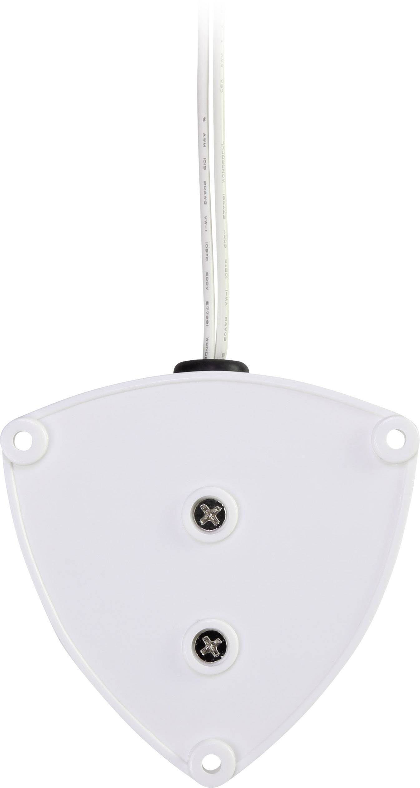 Un boîtier en plastique blanc triangulaire avec deux vis en son centre. Un câble dépasse du dessus du boîtier.