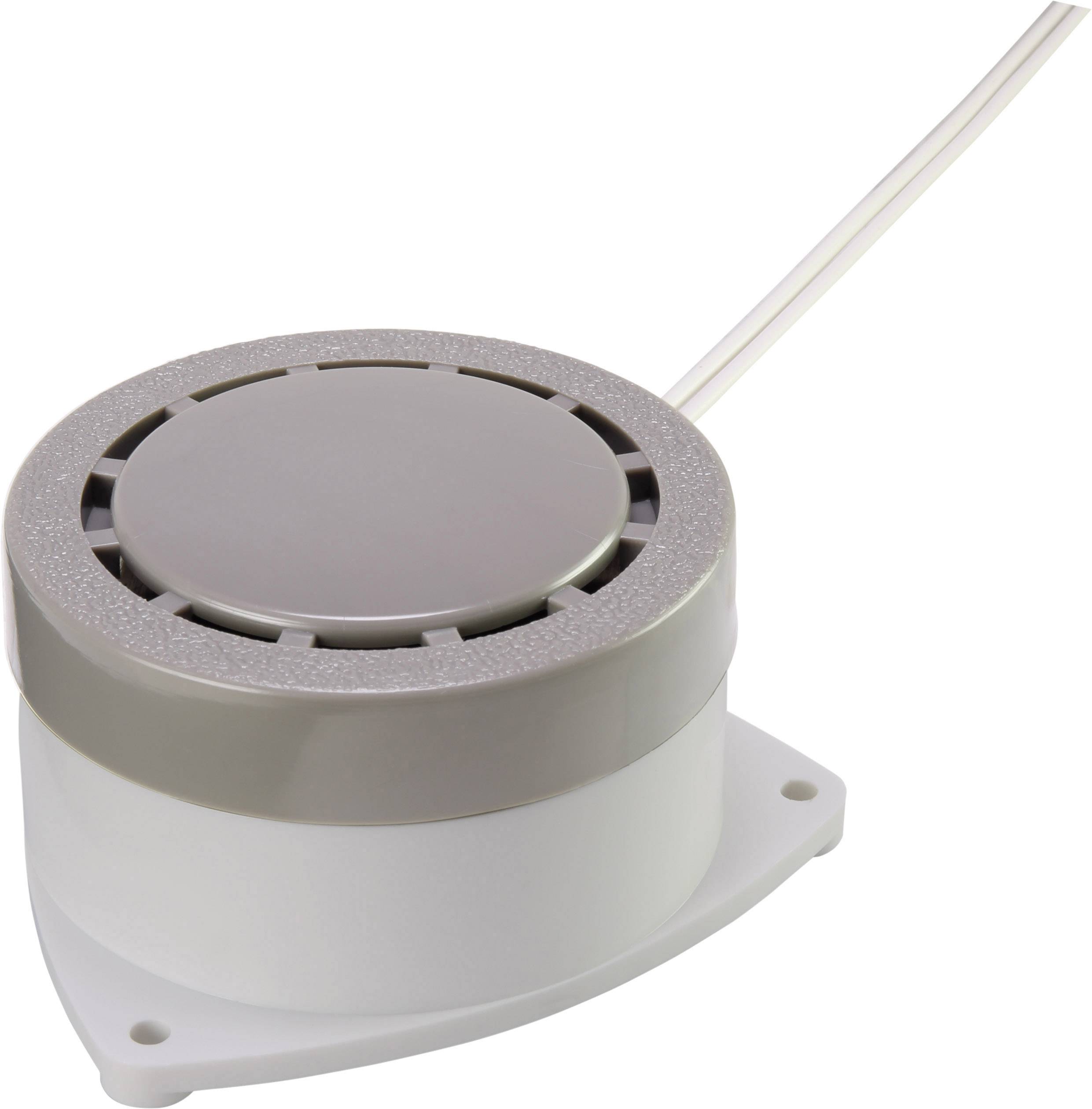 Un buzzer électrique blanc, circulaire, avec un couvercle gris et un câble de connexion. Utilisé pour les signaux acoustiques dans les appareils.