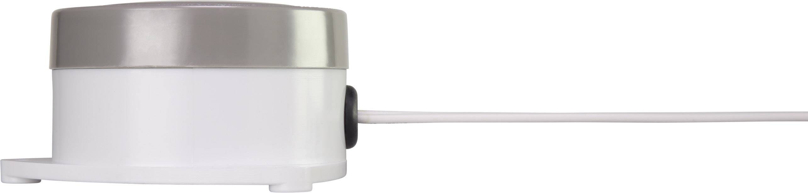 Un capteur blanc et rond avec un couvercle argenté est représenté de côté. Un câble est connecté à l'arrière du capteur.