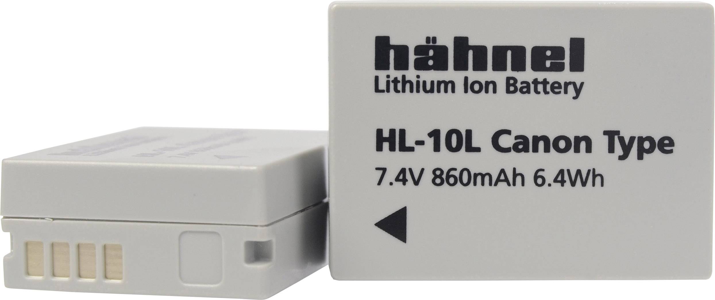 Deux batteries lithium-ion de la marque Hähnel. L'une affiche l'inscription textuelle 'HL-10L Canon Type 7,4V 860mAh 6,4Wh'.