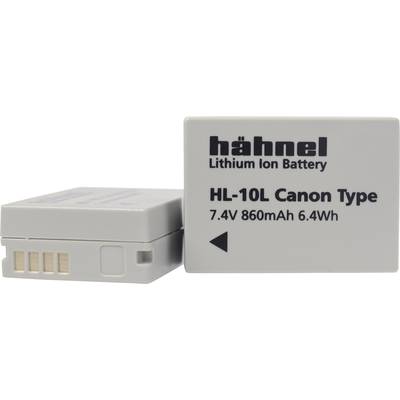 Deux batteries lithium-ion de la marque Hähnel. L'une affiche l'inscription textuelle 'HL-10L Canon Type 7,4V 860mAh 6,4Wh'.
