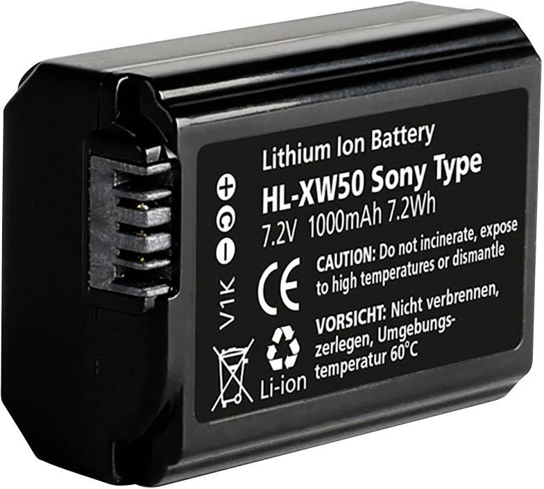 Batterie lithium-ion noire 'HL-XW50 Type Sony', 7,2V, 1000mAh. Avertissement : Ne pas brûler, démonter ou exposer à des températures élevées.
