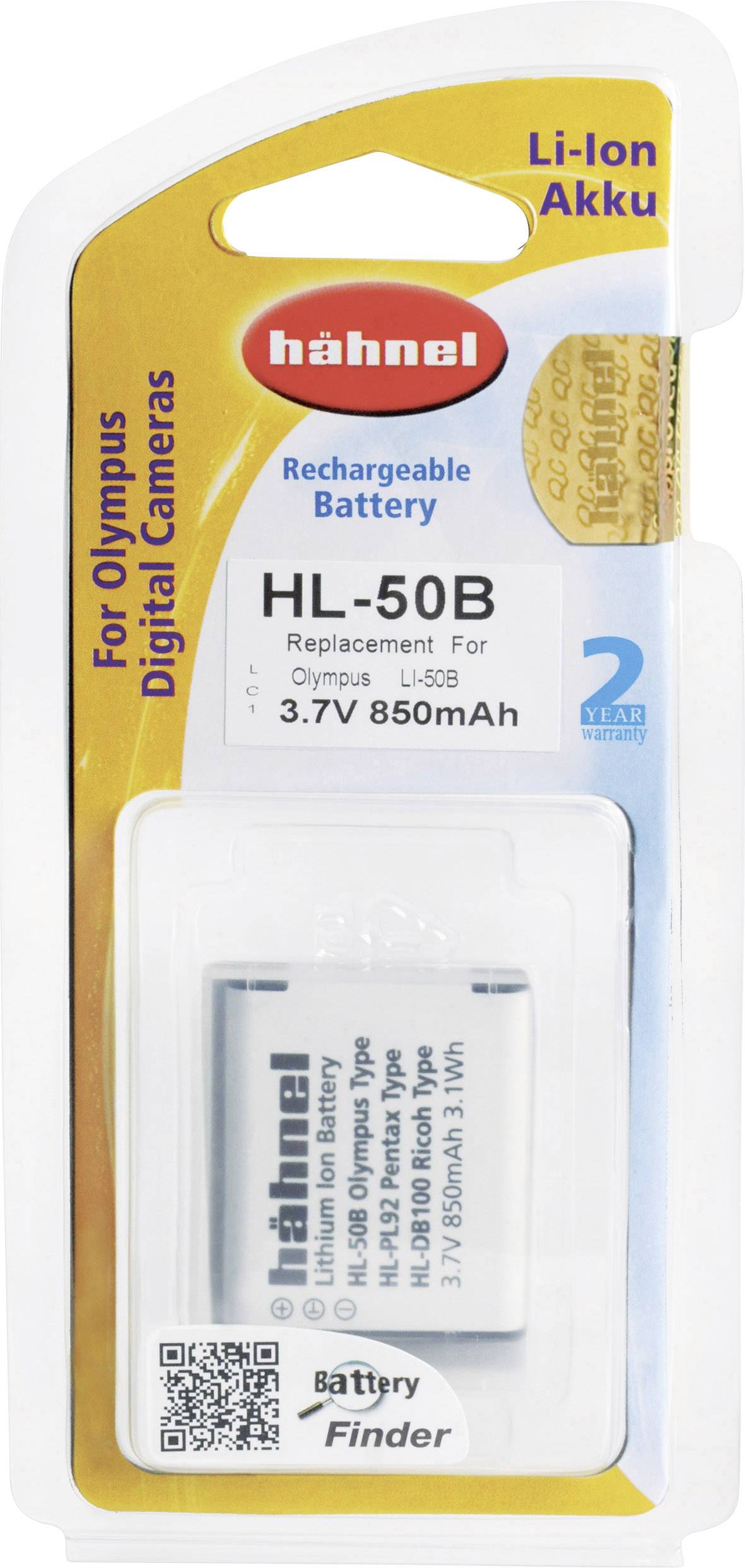 Batterie rechargeable Hähnel HL-50B pour appareils photo numériques Olympus, 3,7V, 850mAh. L'emballage indique la compatibilité et la garantie.