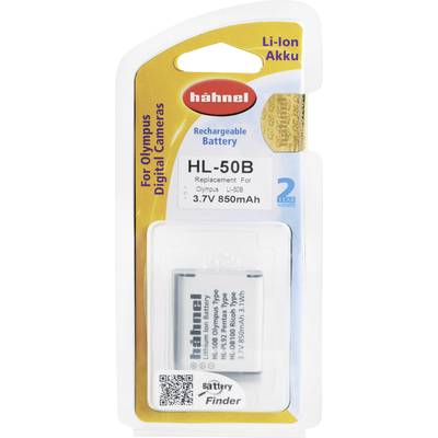 Batterie rechargeable Hähnel HL-50B pour appareils photo numériques Olympus, 3,7V, 850mAh. L'emballage indique la compatibilité et la garantie.