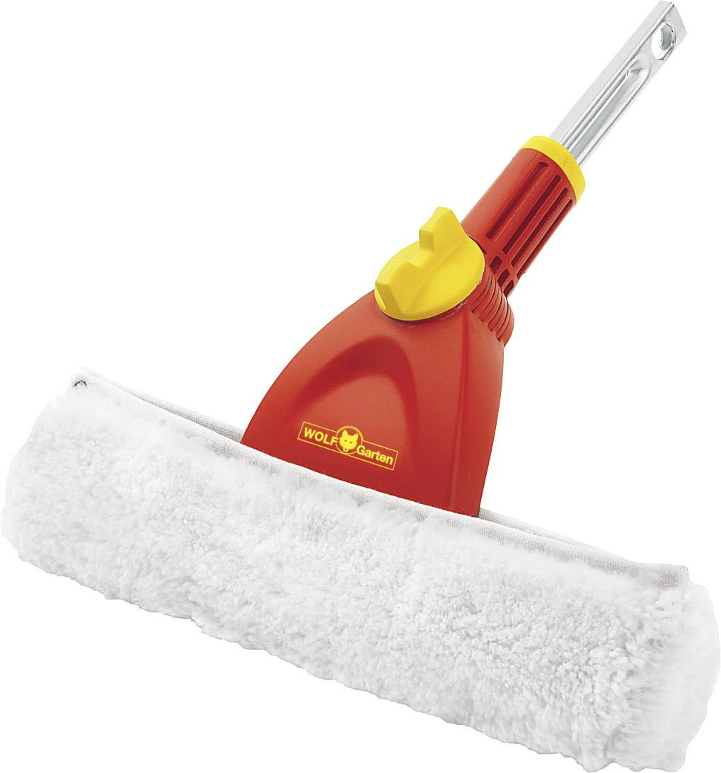 Appareil de nettoyage de vitres rouge et jaune avec long manche et serpillière en microfibre blanche, adapté pour le nettoyage des surfaces vitrées.
