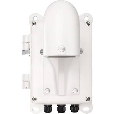 Appareil électrique blanc avec des connexions de câbles en bas et un couvercle bombé en haut, monté sur une base rectangulaire.