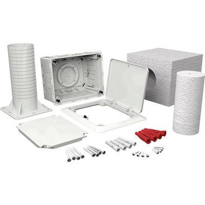 Un kit de ventilation comprenant différents éléments : un boîtier de ventilation rectangulaire, des tubes ronds, des cache-conduits, des vis et des chevilles.