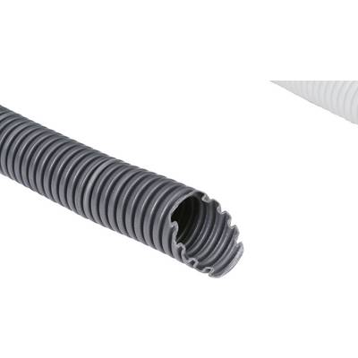 Un tuyau ondulé gris et flexible avec une extrémité coupée, généralement utilisé pour la protection des câbles dans les installations électriques.