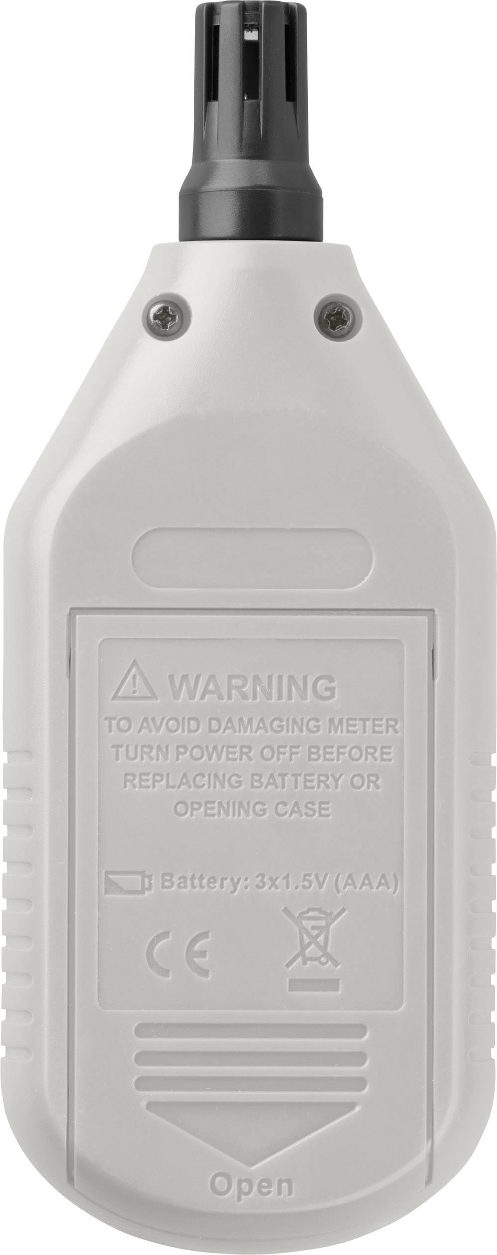 Appareil portatif avec des avertissements au dos, 'AVERTISSEMENT : Pour éviter tout dommage, éteignez l'appareil avant de remplacer la batterie.'