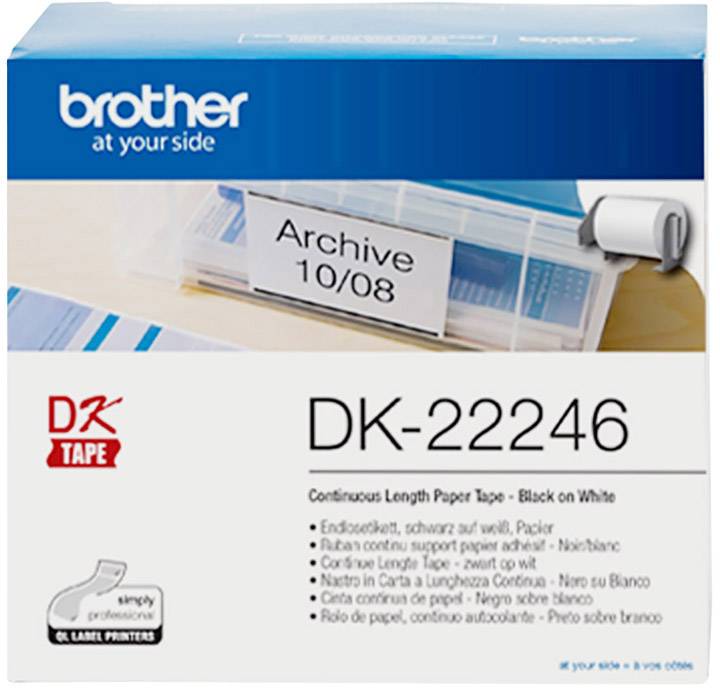 Emballage d'un rouleau d'étiquettes Brother DK-22246. Contient un ruban de papier continu en noir sur blanc, adapté pour l'étiquetage en continu.