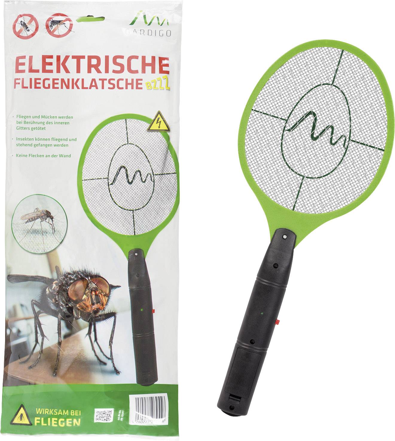 Tapette anti-mouches électrique en vert avec manche noir, illustrée sur un emballage présentant des informations sur son utilisation contre les mouches.